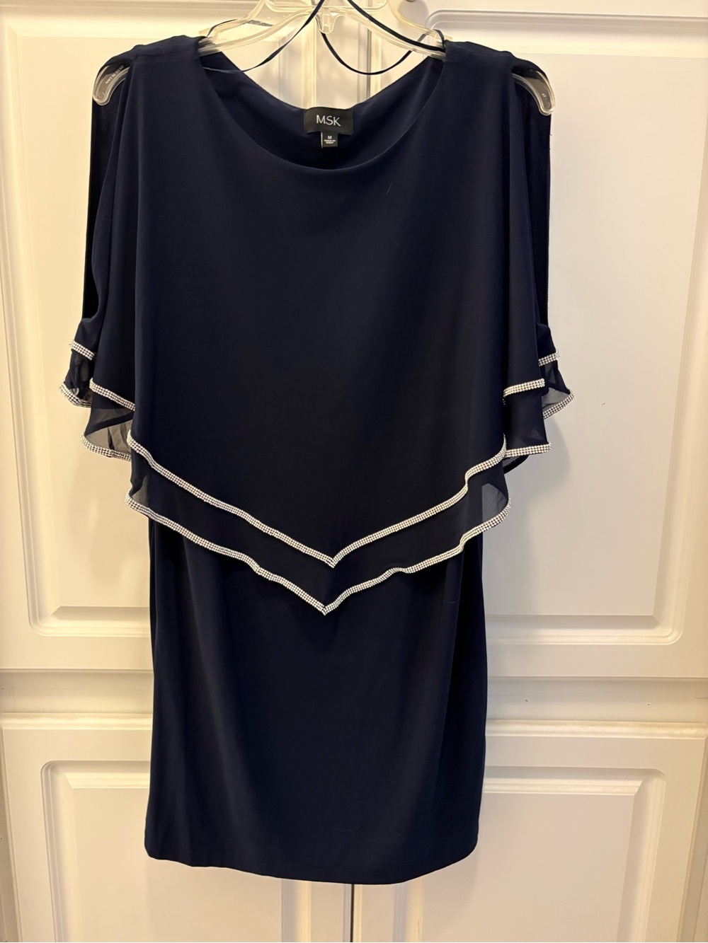 MSK Navy Layered Cold-Shoulder Midi Dress with Silver Trim